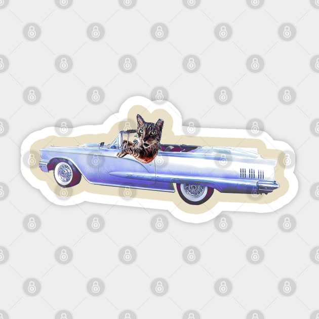 Funny cat art classic car Hot rod Thunderbird Cadillac Sticker by LastViewGallery